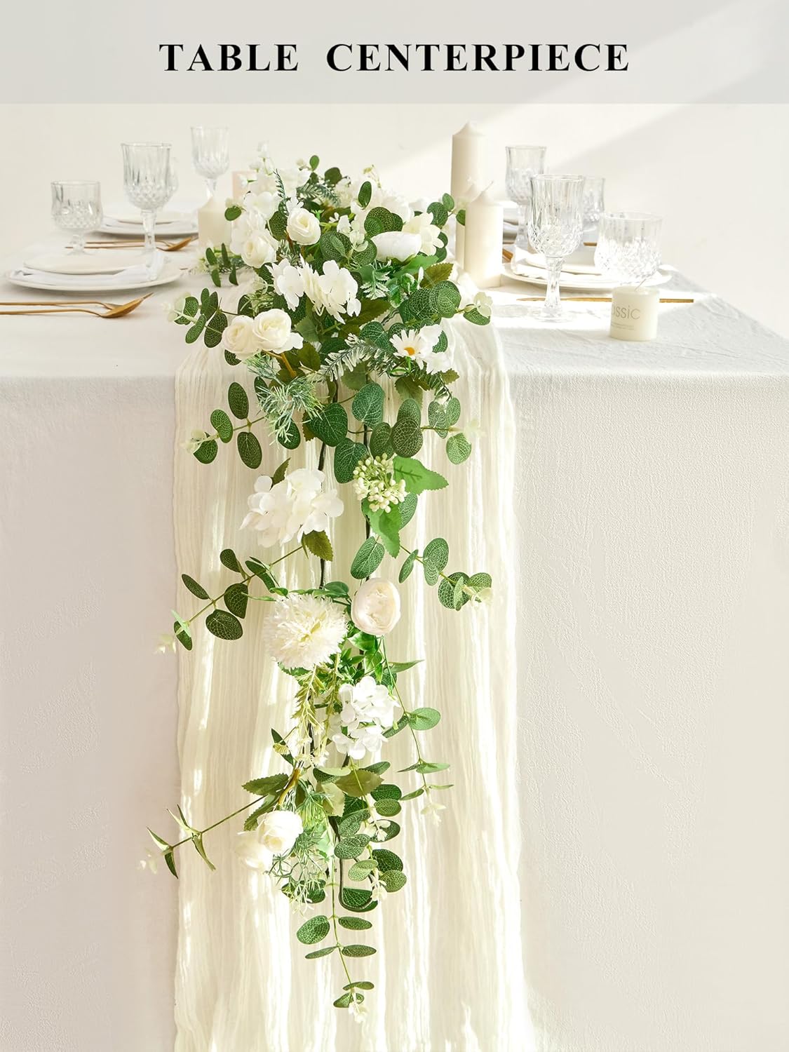 5.9Ft Eucalyptus Garland with Flowers, Artificial Fake Flower Greenery Spring Garland for Baby Shower Wedding Mantle Table Centerpiece Spring Decor
