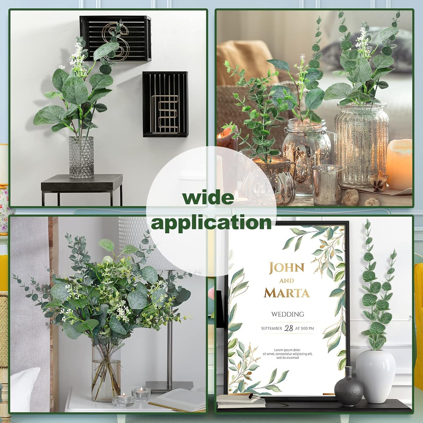 32 piece set of artificial eucalyptus stems with mixed greenery, featuring silver dollar style leaves, designed for rustic vases, floral arrangements, wreaths, bouquets, and wedding decorations in a classic style