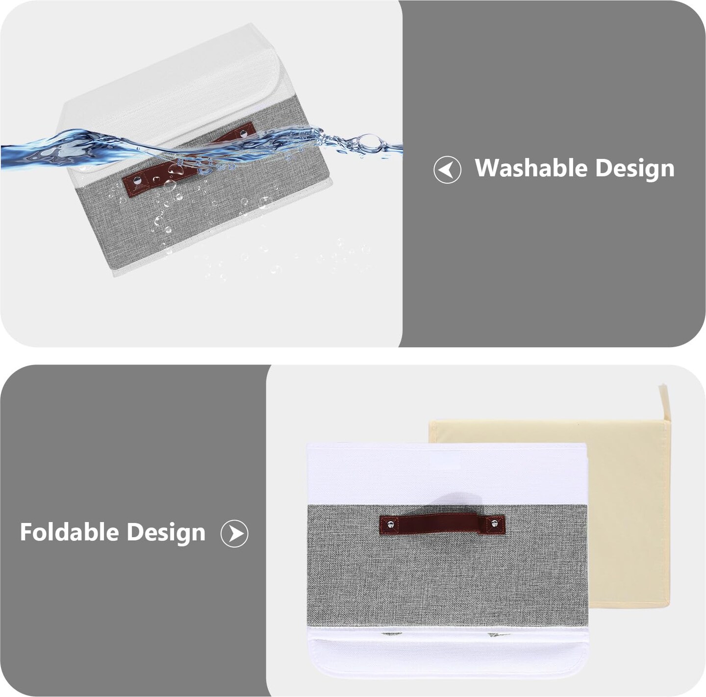 ANMINY Storage Boxes with Lids Washable Decorative Storage Bins Basket with PU Leather Handle Foldable Linen Fabric Storage Cubes Containers for Home Closet Organizer - Gray White, Small Size