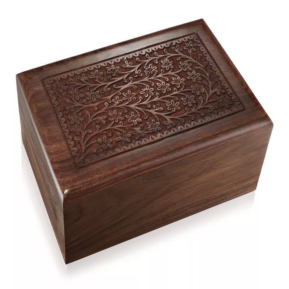 Rosewood Hand-Carved Floral Wood Memorial Cremation Box with Velvet Bag - XL