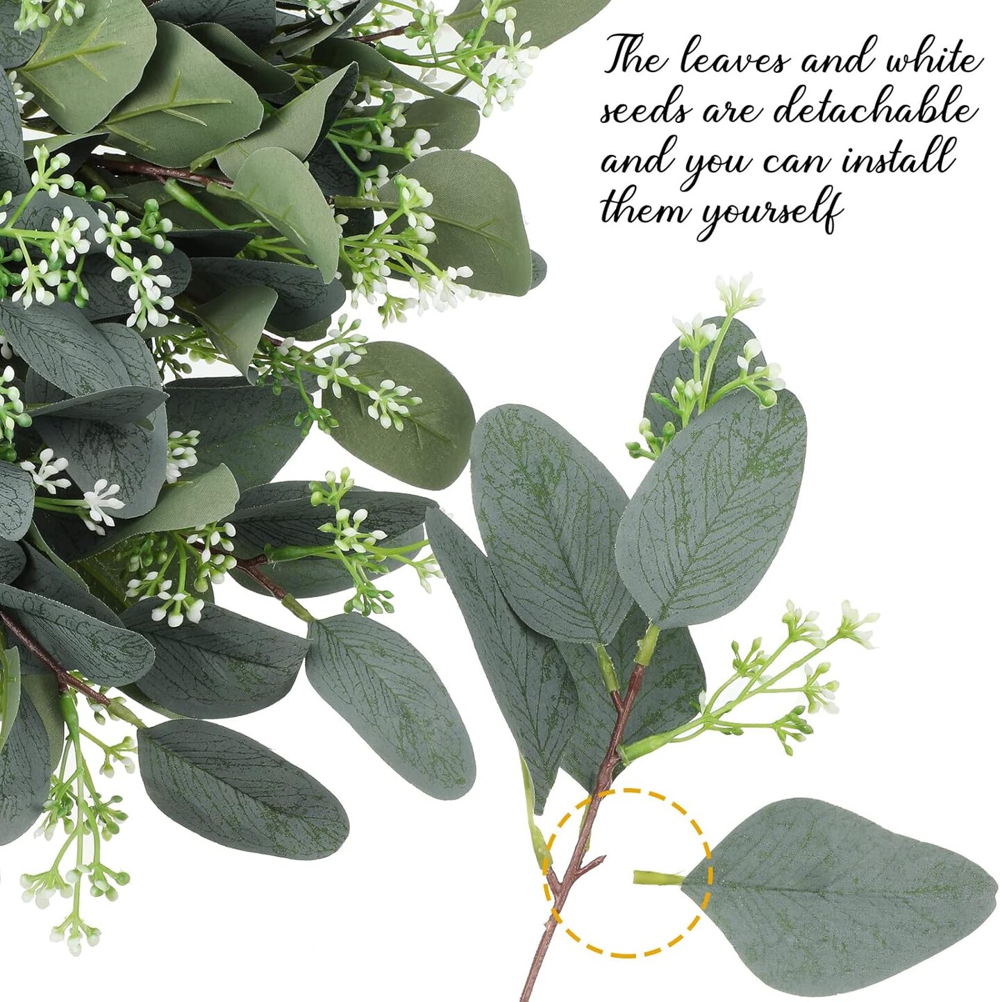60 Pcs Eucalyptus Leaves Stems Artificial Eucalyptus Leaves Artificial Silver Dollar with White Seeds Grey Green Short Leaves Faux Branches Stems Plants for Wedding Bouquet Farmhouse Greenery Decor 3.4"D x 1.4"W x 2.8"H