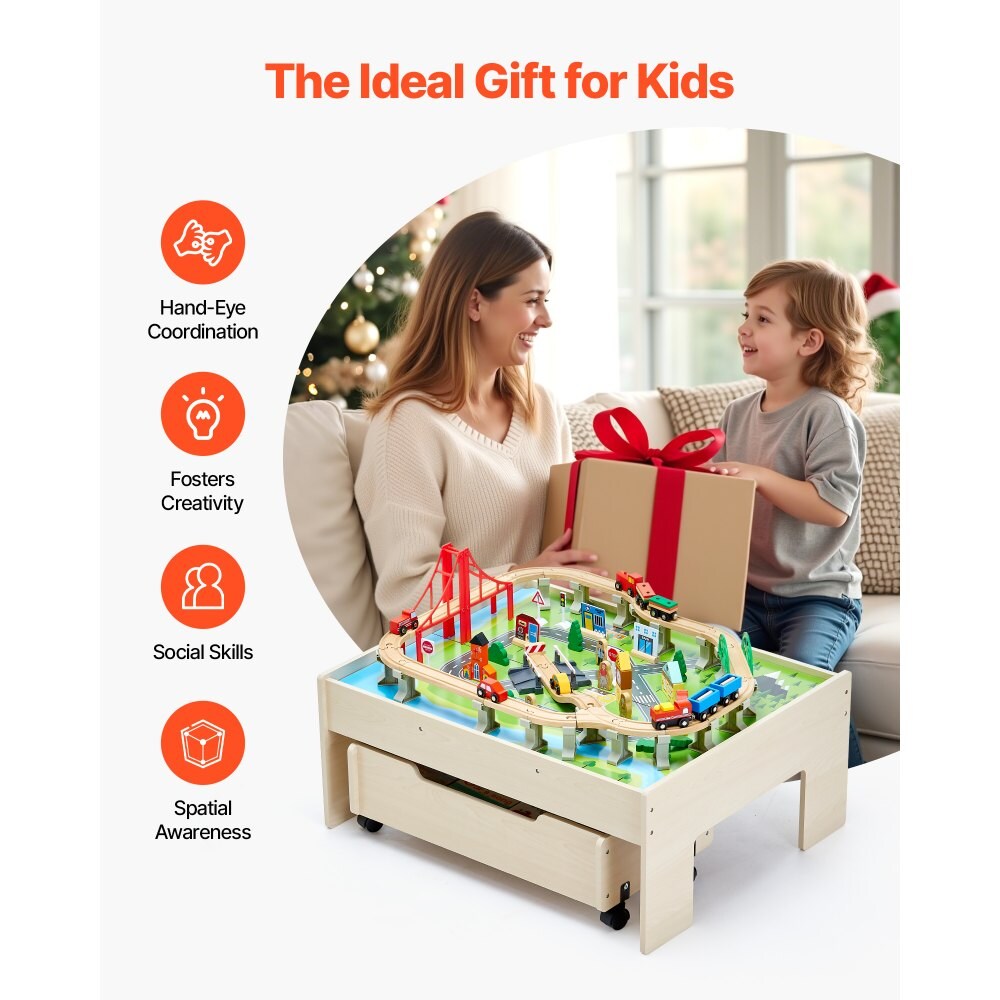 Kids Wooden Train Table with 100 Multicolor Pieces, Drawer Storage