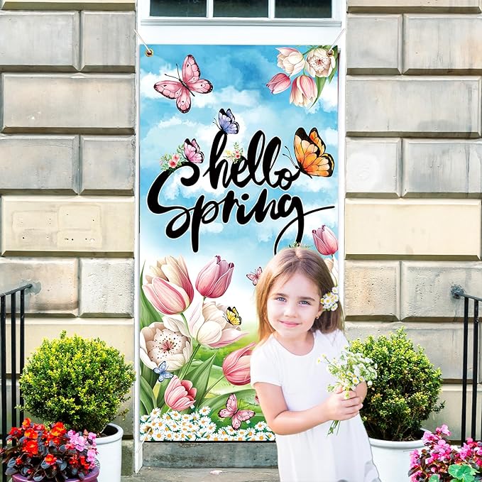 Spring Decorations Door Cover, 6x2.9 FT Hello Spring Banner for Door, Spring Decorations for Office, Spring Decorations For Classroom Spring Door Cover