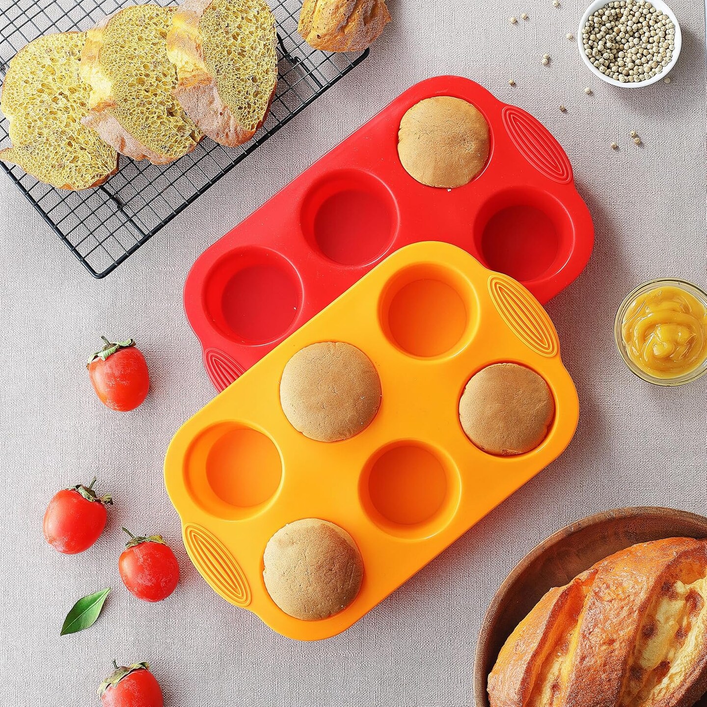 2PCS Silicone Muffin Cupcake Pan Molds, 6-Cavity Non Stick Silicone Muffin Pans for Baking Muffin