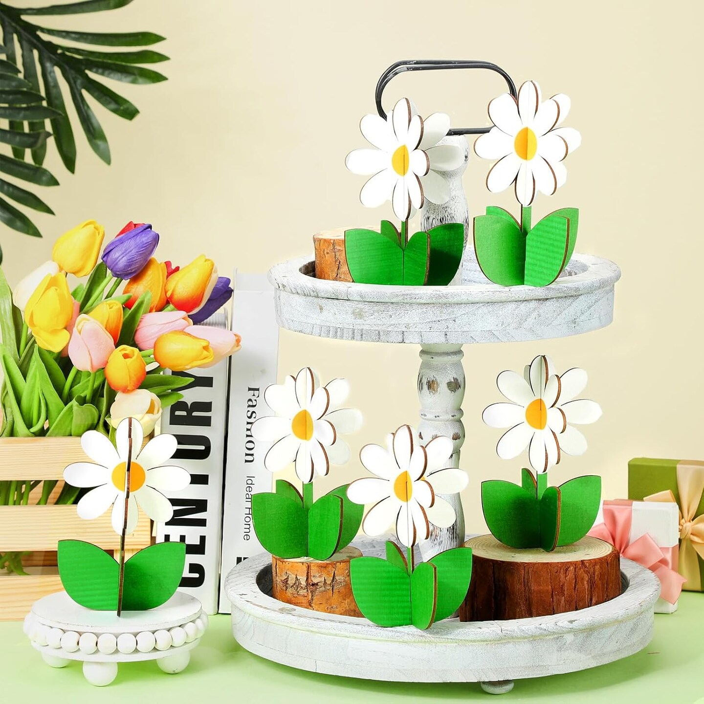 12 Pcs Spring Daisy Wood Signs Retro 3D Flowers Table Decoration Rustic Farmhouse Daisy Table Centerpiece Floral Block Tabletop Signs for Spring Home Tiered Tray Decor