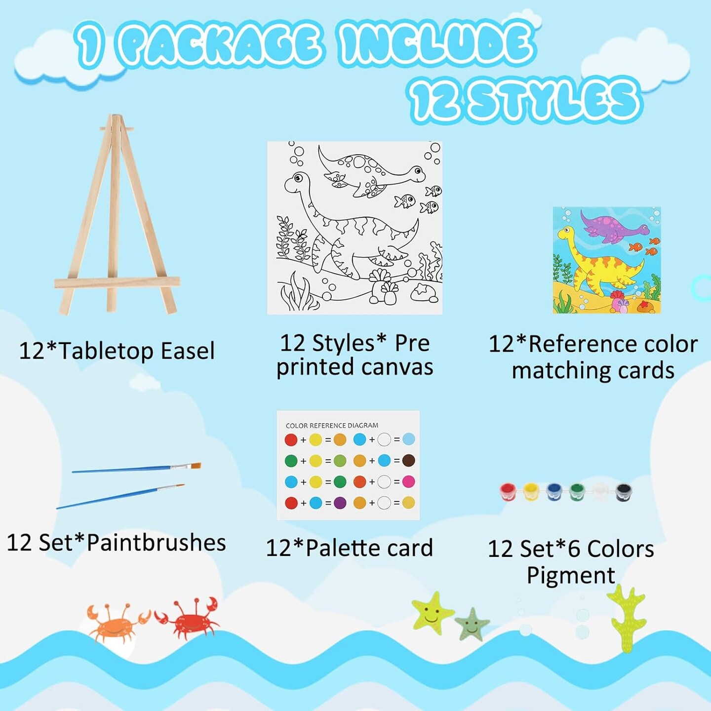 12 Sets Pre Drawn Canvas to Paint Kid Adult Stretched Coloring Painting Canvas Panels with Design Easel and Brushes