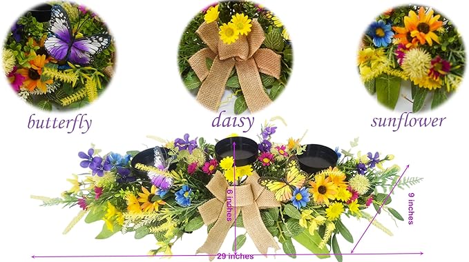 Candle Holders Spring Summer Centerpiece,3 Wick Candle Holder with Daisy and Sunflowers, Perfect for Spring Decor,Easter Centerpiece Table Decor,Indoor Home Decor,Desktop Decor