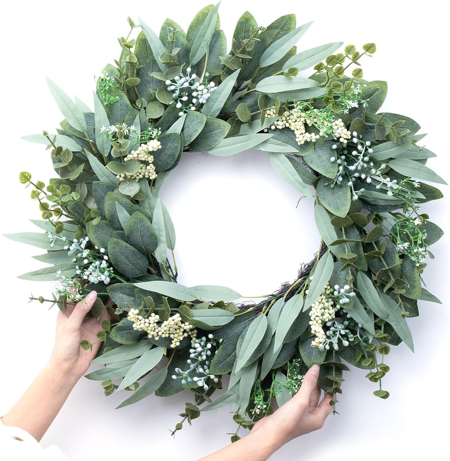 26&#x22; Eucalyptus Wreath Large Artificial Greenery Outdoor/Indoor Wreath Spring/Summer Wreath Green Wreaths for Front Door Porch Window Wall Hanging Decor All Year Round Wreath&#xFF08;Green&#xFF09;