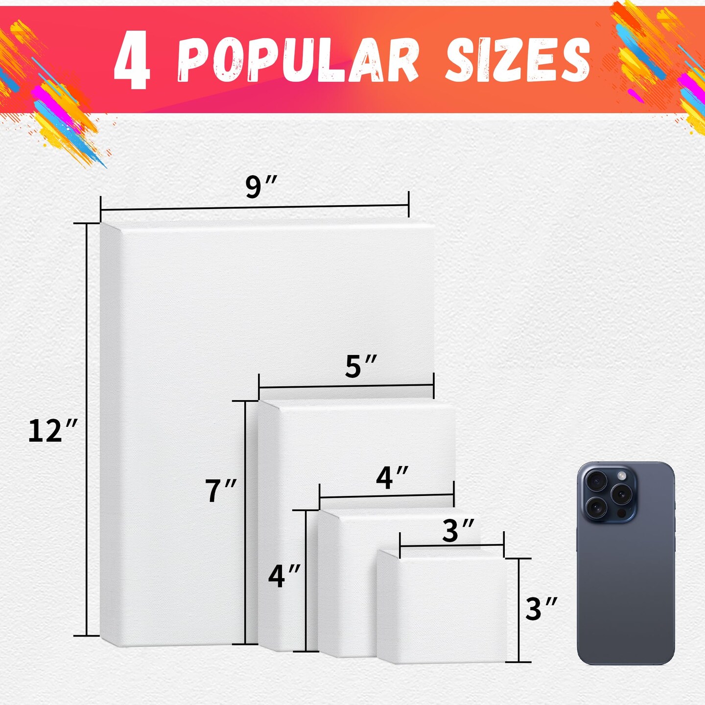 FIXSMITH Stretched Canvas for Painting, 3&#x22;x3&#x22;, 4&#x22;x4&#x22;, 5&#x22;x7&#x22;, 9&#x22;x12&#x22;, Pack of 4, Pre-Primed Canvases Wood Framed Canvas Boards for Oil Acrylic Paint, Acid-Free Painting Canvas for Kids &#x26;Artists