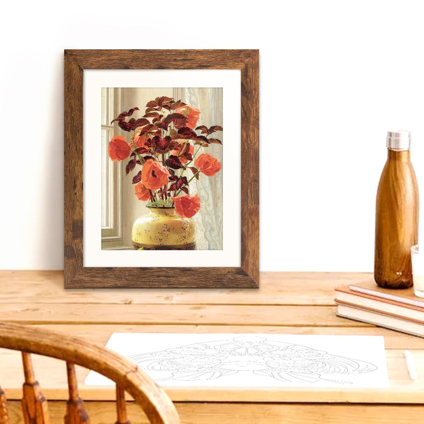 Brown 8x10 Picture Frame with Mat for 6x8 Display, Rustic Desk Wall Photo Frame for Horizontal and Vertical, 1 Pack
