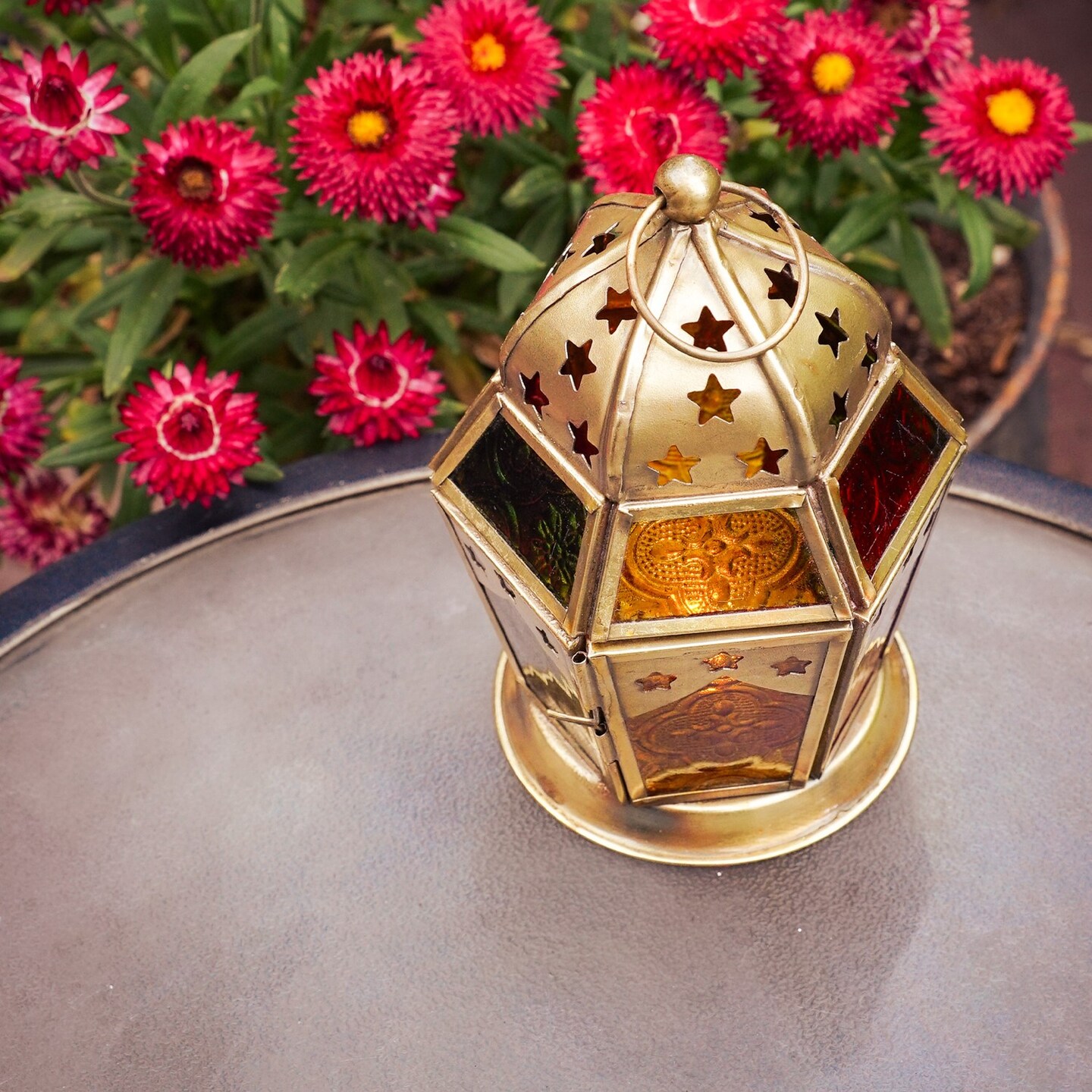 In the Breeze 9211 — Red, Yellow & Green Hex Tealight Lantern — Moroccan-Style Boho Chic Tealight Glass and Metal Tabletop Lantern