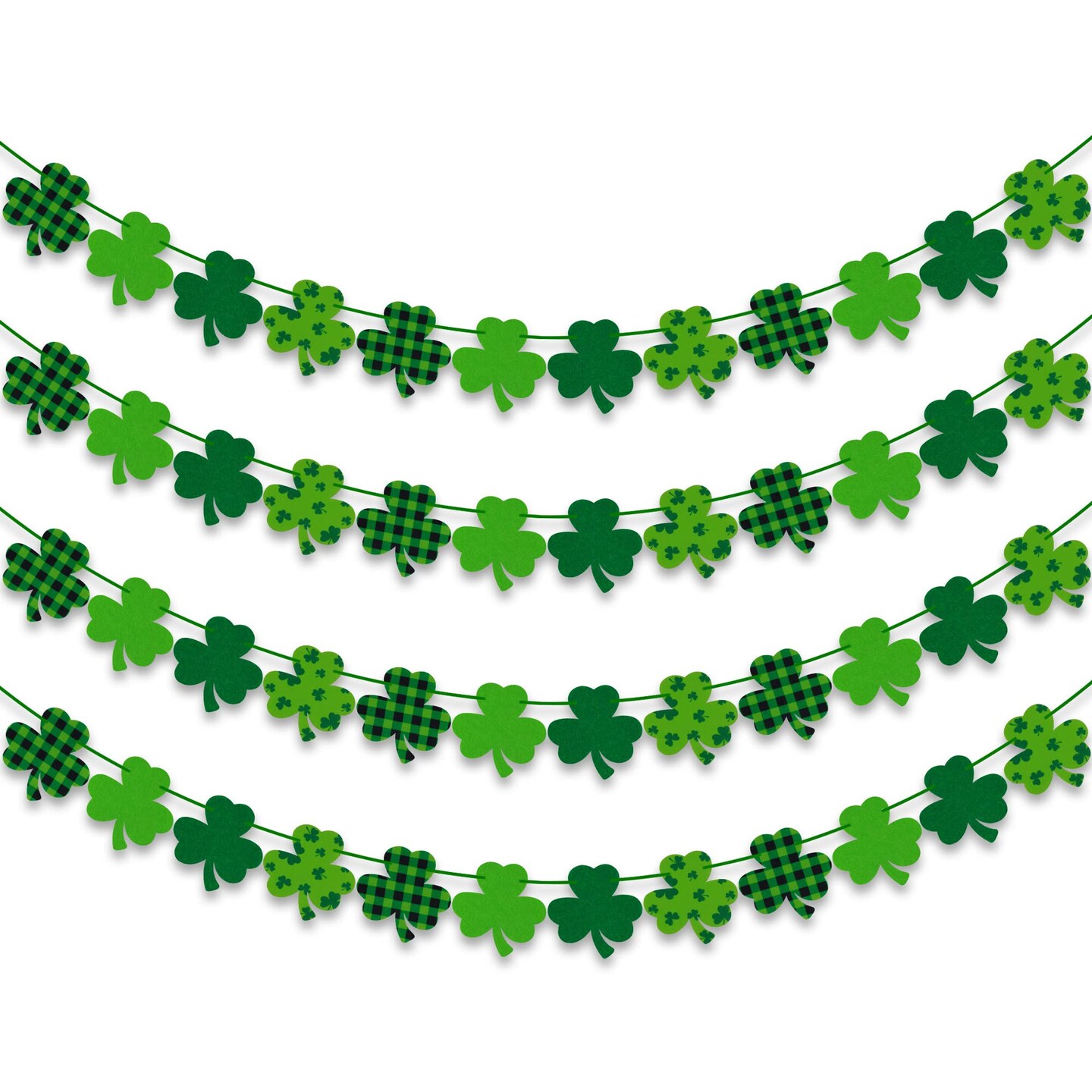 4PCS Felt Shamrock Clover Garland Banner - NO DIY, St. Patrick&#x27;s Day Decorations - Buffalo Plaid Dark Green Light Green Happy St. Patrick&#x27;s Day Banner for Home Mantel Office Irish Day Party Supplies