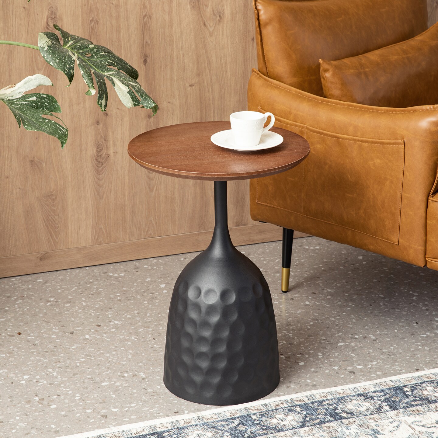 Metal Wine Bottle Shaped Accent Table With Wooden Top