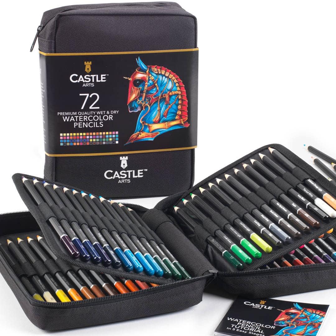 72 Watercolour Colouring Pencils Set in Zip-Up Case for Adults Artists | Quality Cores with Vivid Colours to Create Beautiful Blended Effects with Water