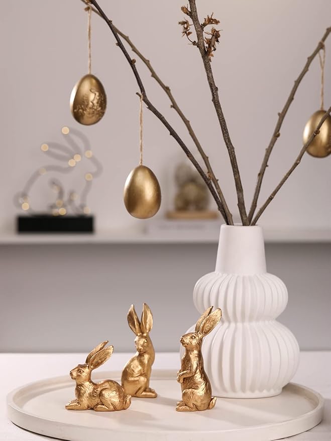 Resin Gold Bunny Decor Rabbit Figurines, Small Easter Bunny Figurine Set of 3, Vintage Easter Rabbit Statue Table Home Decoration