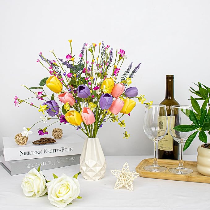 Artificial Spring Flowers 12 Pack Spring Flower Stems 17 Inch Floral Picks with Pink Yellow Purple Tulips Wildflowers for Centerpieces Vases Floral Arrangements Summer Easter Decor