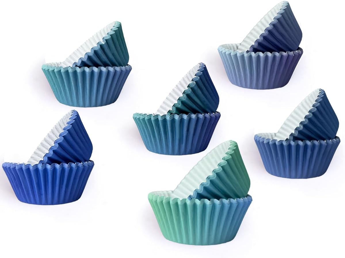 300PCS Mini Gradient Cupcake Liners Cupcake Cups 6 Designs Blue Gradient Cupcake Papers Baking Cups Cupcake Wrappers (Small Size)