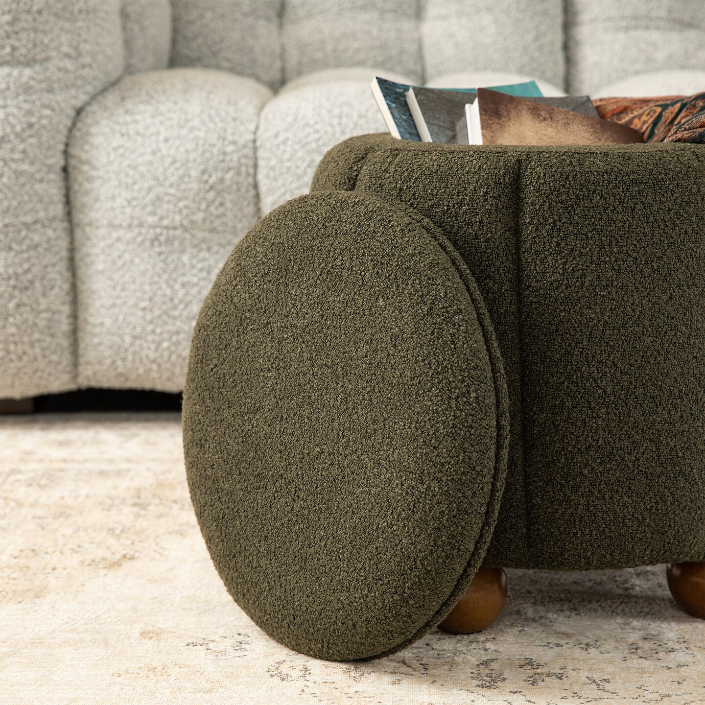 19&#x22;H Boucle Upholstered Storage Ottoman Stool with Rubberwood Feet