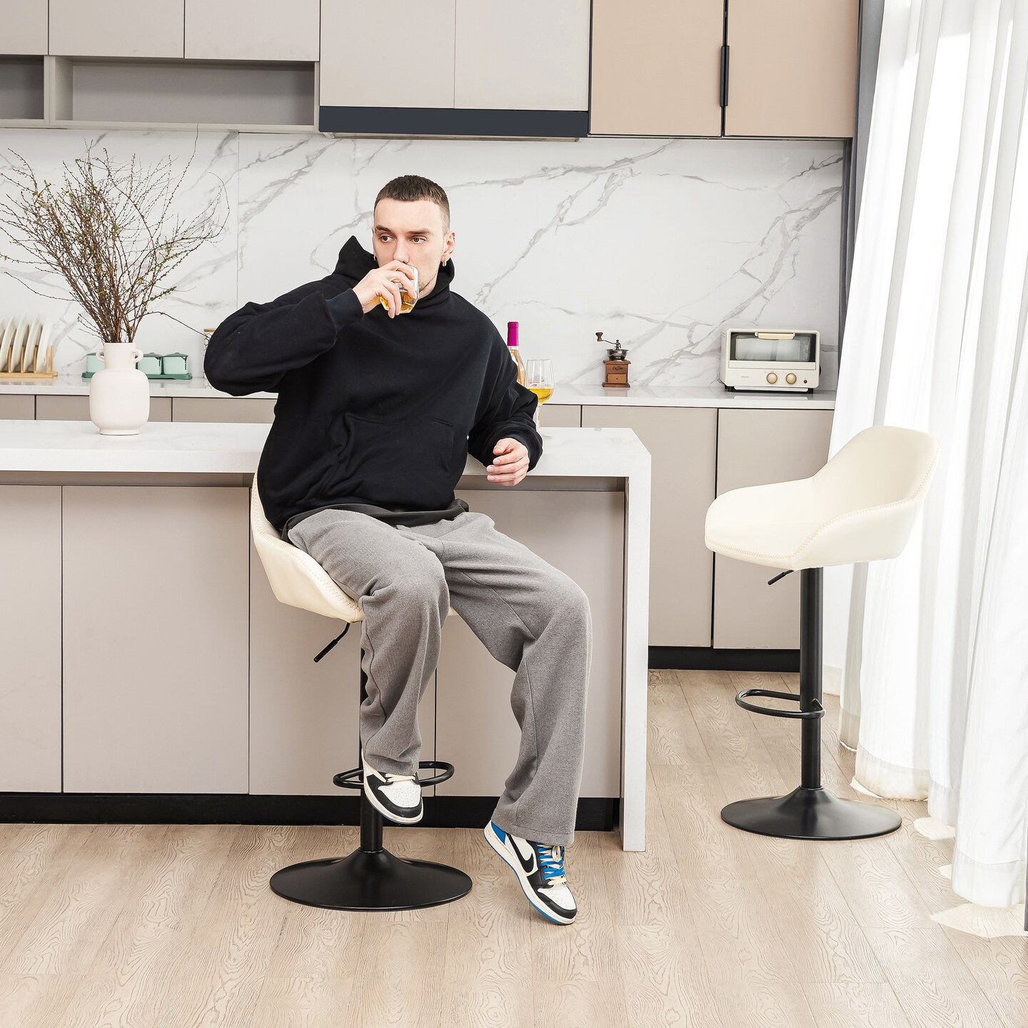 Set of 1/2/3/4 Mid-Century Modern Leatherette Gaslift Adjustable Swivel Bar Stools