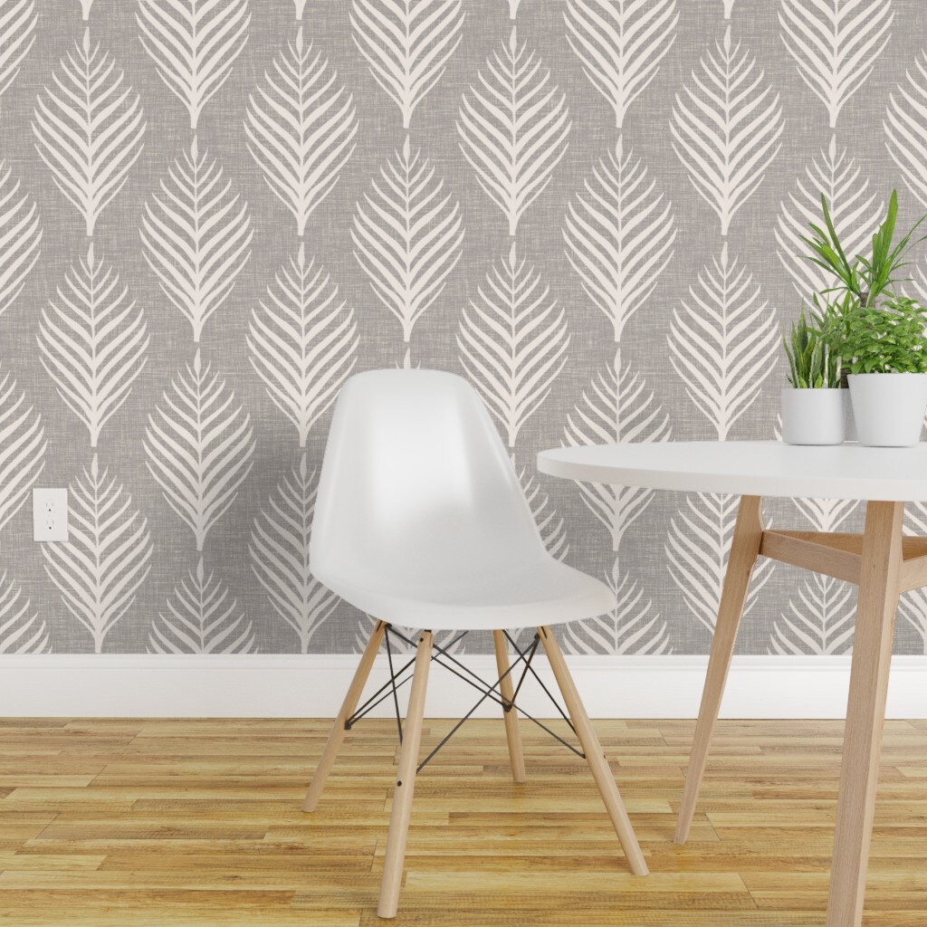 Pre-Pasted Wallpaper 2FT Wide Neutral Botanical Modern Beach Tropical Large Scale Bohemian Island Minimal Palm Leaf Taupe Beige Cream Custom Pre-pasted Wallpaper by Spoonflower