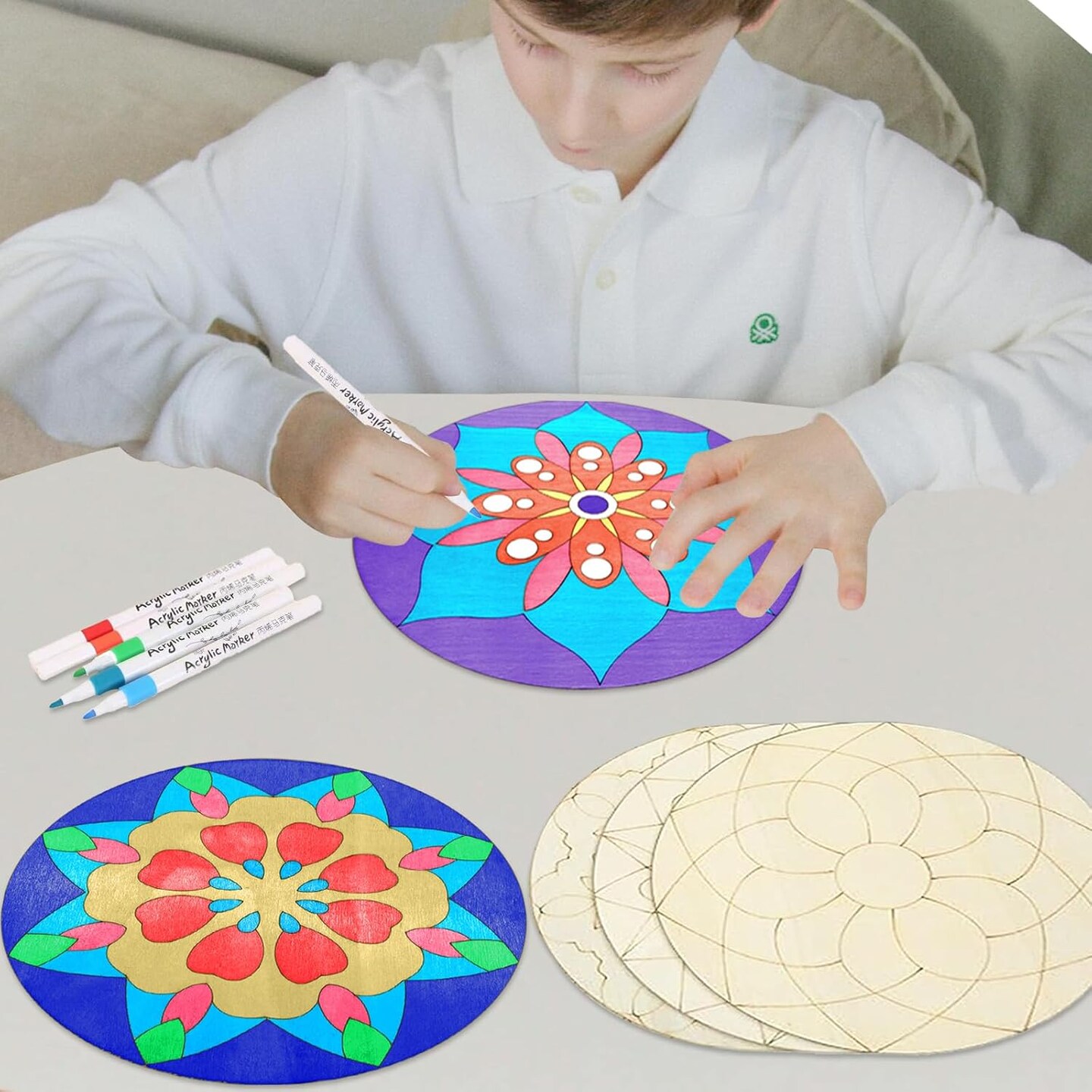 7.8Inch Wooden Mandala Painting Set 10Pcs Mandala Unfinished Wood Cutouts with 12 Markers for Crafts Mandala Wood Slices for DIY Crafts Tags (Different 10 Shapes Wood Slices+12Pcs Markers)