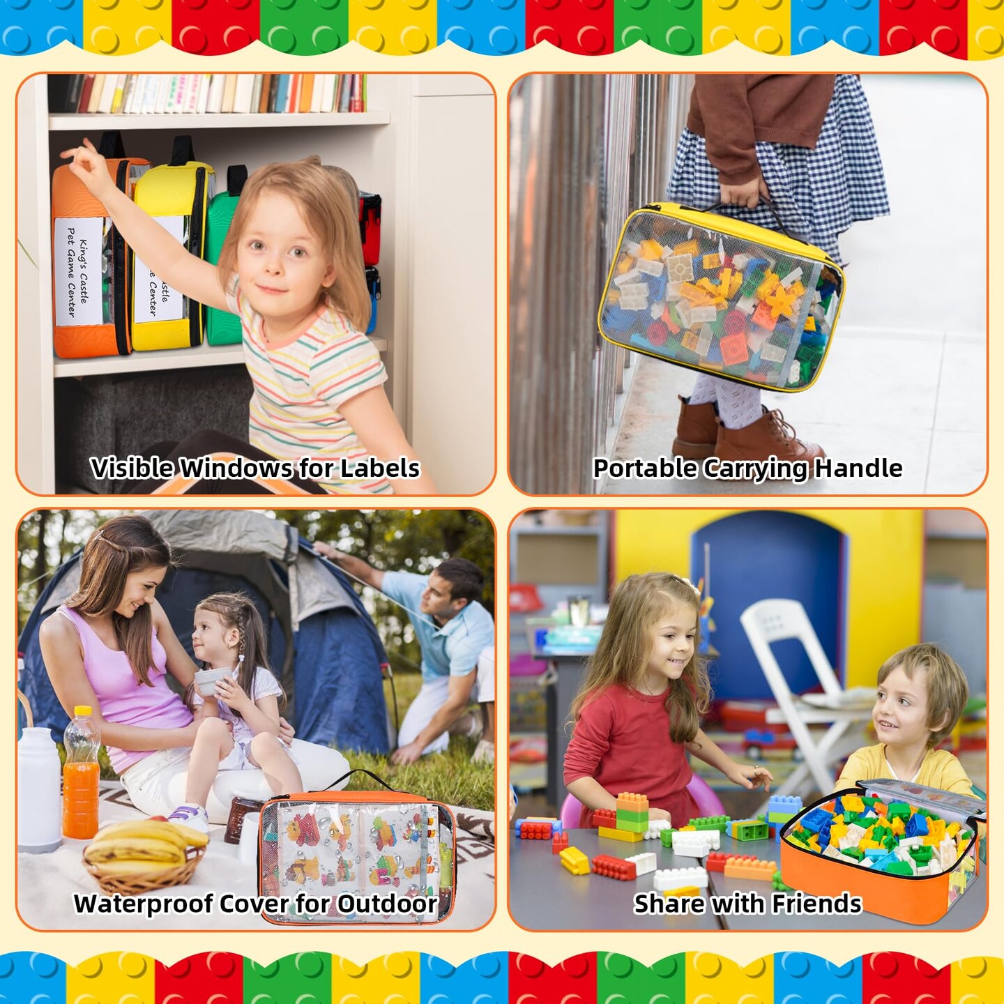 5 Pack Toy Storage Bags Compatible with LEGO Bricks, Portable Carrying Case for LEGO Easy Organizer, Puzzles Blocks Containers&#x26; Board Game Bins with Name Tag, Manual Pocket, Visible Top&#x26; Handle