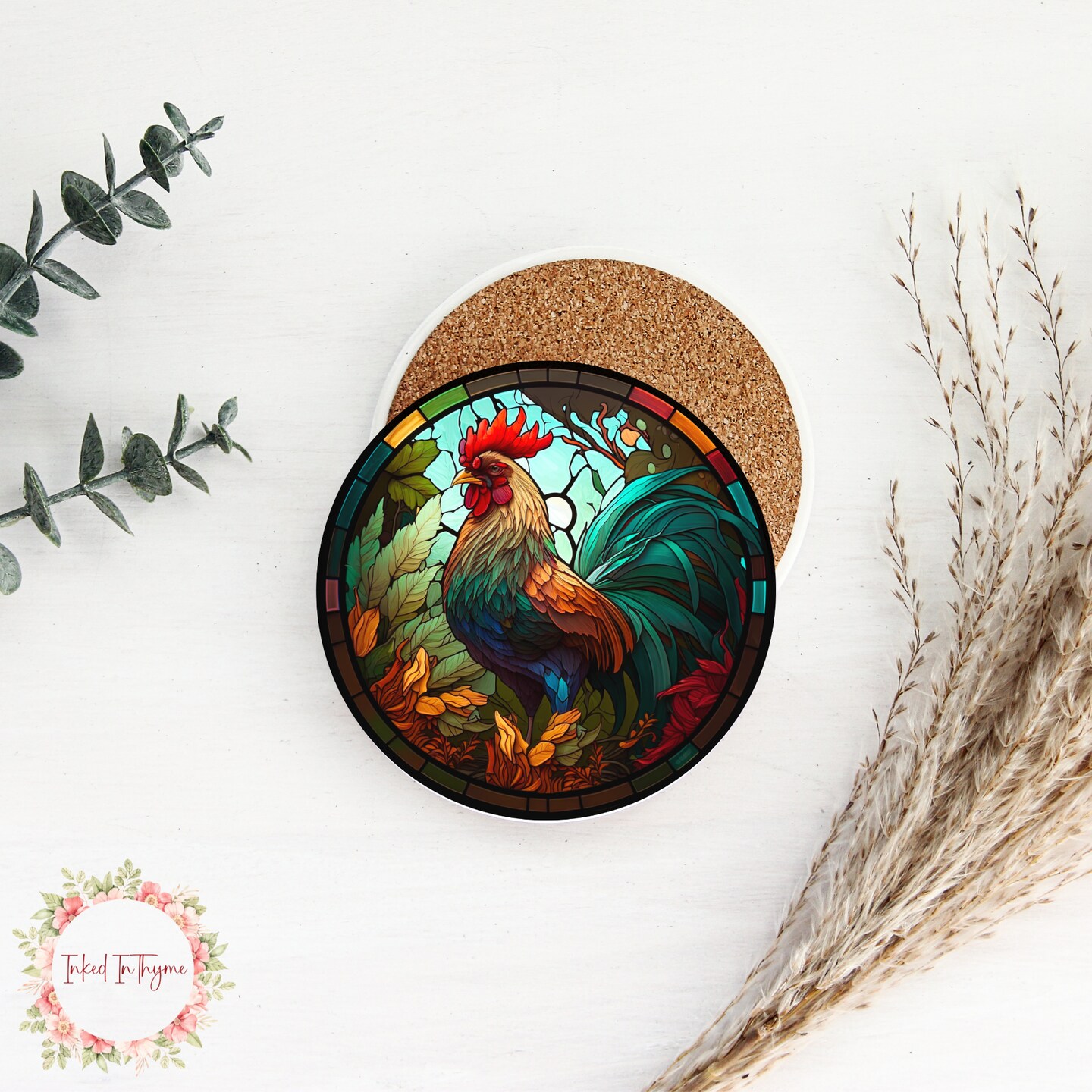 Faux Stained Glass Chicken Coaster, Rooster Nature Lover Coaster ...