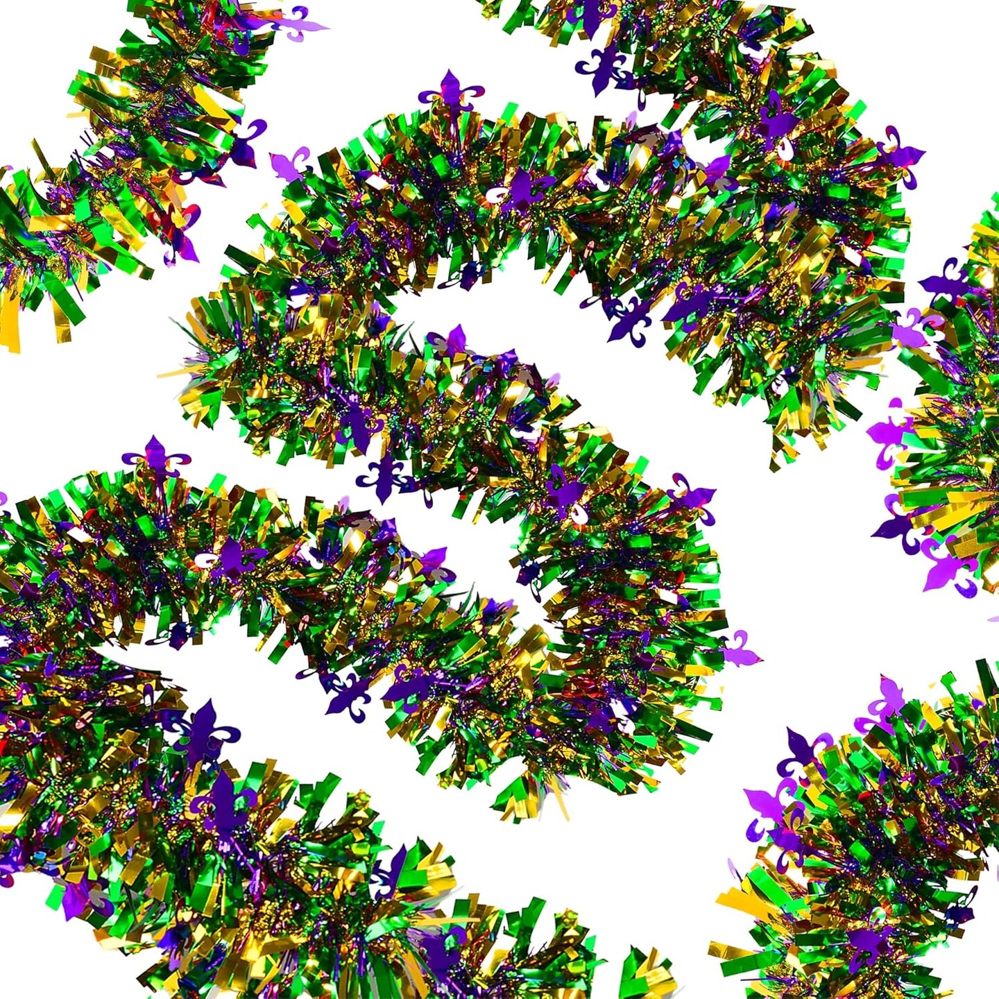 33Ft Mardi Gras Tinsel Garland, Glitter Tinsel Garland for Mardi Gras Tree Decorations, Purple Green Gold Metallic Fluffy Hanging Party Ornaments for Mantle/Ceiling/Stairs/Porch Outdoor Decor