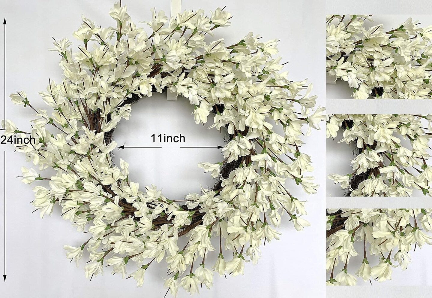 White Cream Forsythia Wreath 24 Inch Spring Front Door Blossom Cluster Flower