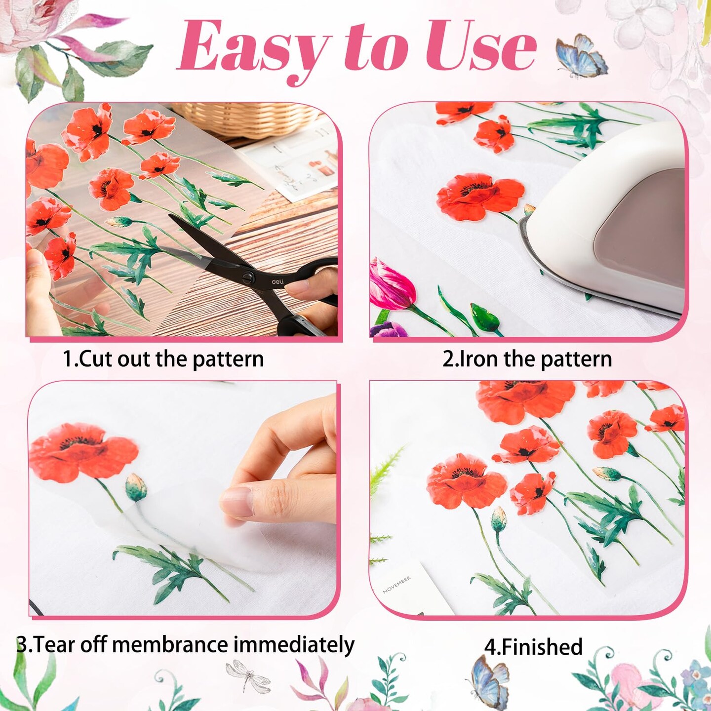 12 Sheets Iron on Decals - Watercolor Transfers for Clothing, Heat Transfer Stickers, Spring Appliques for T-Shirts Jackets DIY Art Decor(Flower)