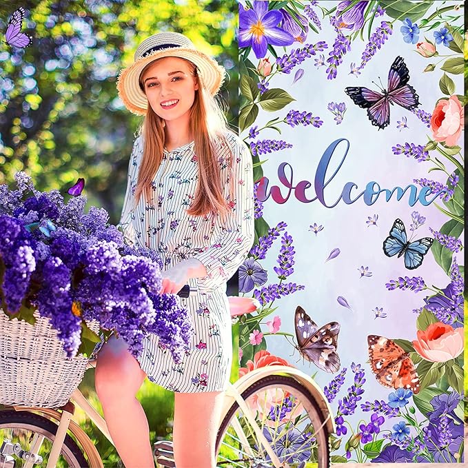 Purple Welcome Butterfly Door Cover Welcome Summer Door Decorations Banner Butterfly Flower Porch Banner Sign Photo Background for Summer Spring Seasonal Welcome Holiday Party Indoor Outdoor Decor