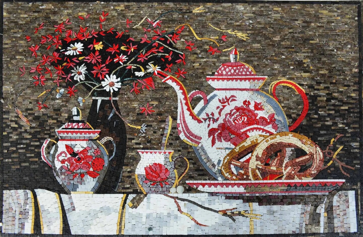 product name is Pink Iris Teapot Mosaic Mural