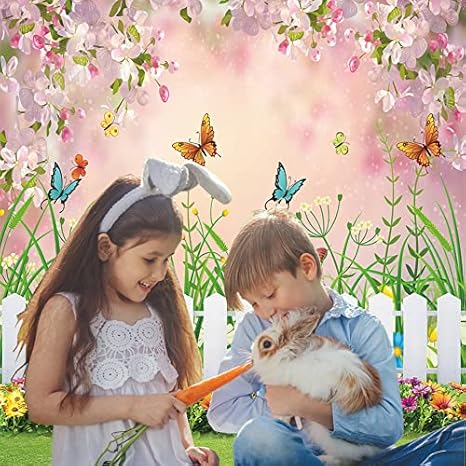Spring Easter Garden Photography Backdrop Green Grass Lawn Floral Butterfly Fence Baby Shower Birthday Party Backgrounds (5x7FT)