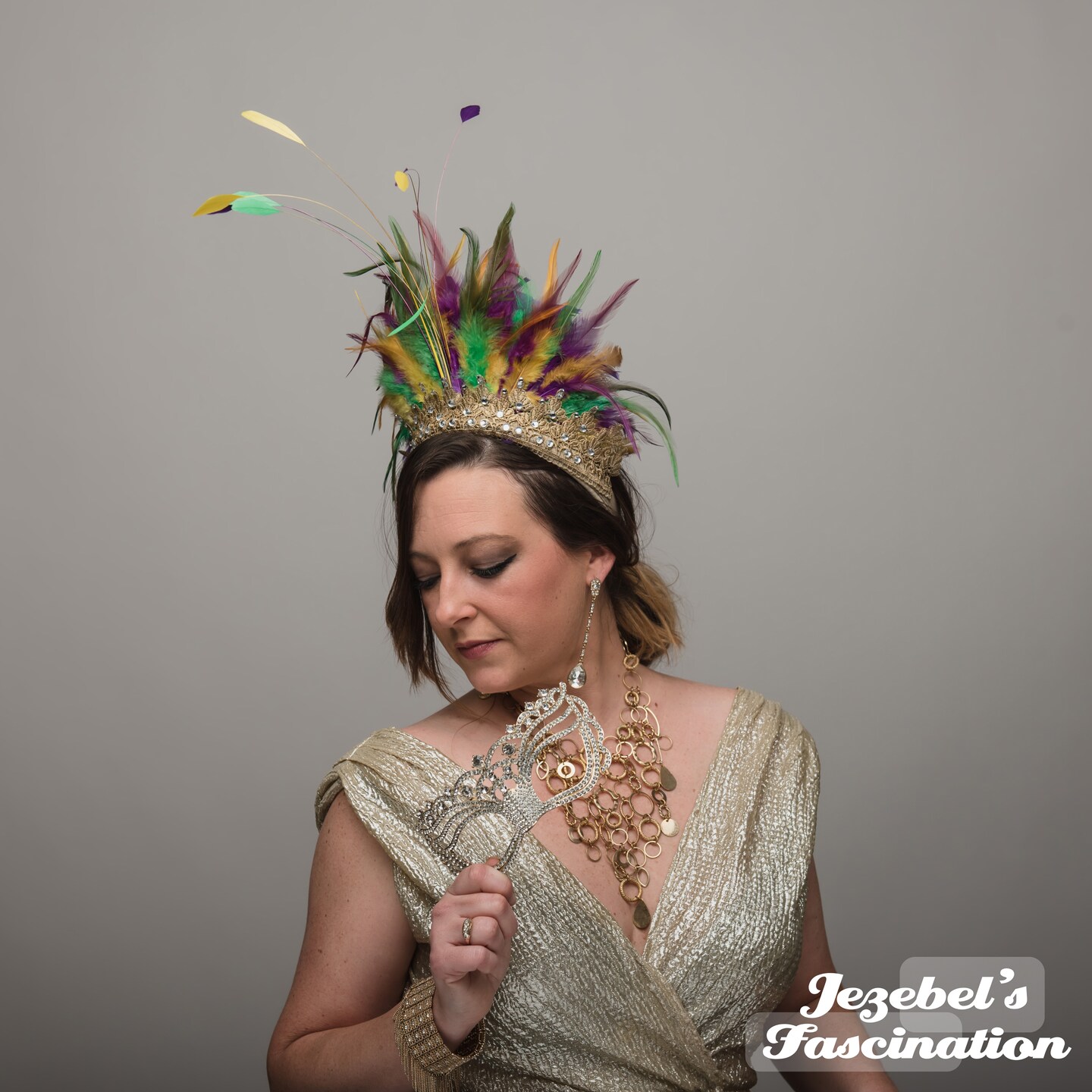 Carnival Showgirl Feather Headdress, Green Purple Gold Queen  display picture 3