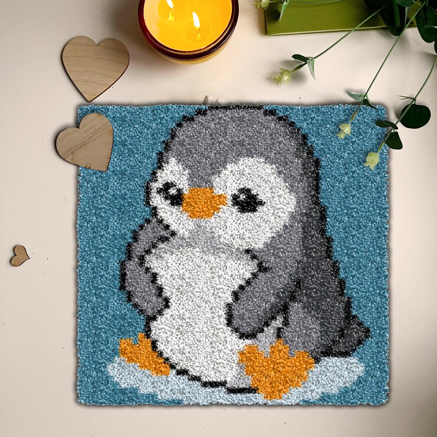 Latch Hook Kits for Kids Adults DIY Rug Tapestry Kits with Printed Canvas Embroidery Kits Festival Gifts Home Decoration (Penguin,11.8inch X 11.8inch)