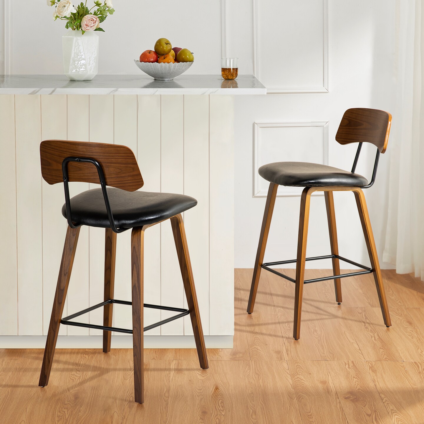 38&#x22;H Mid-Century Modern PU Leather Wood Armless Bar Stools