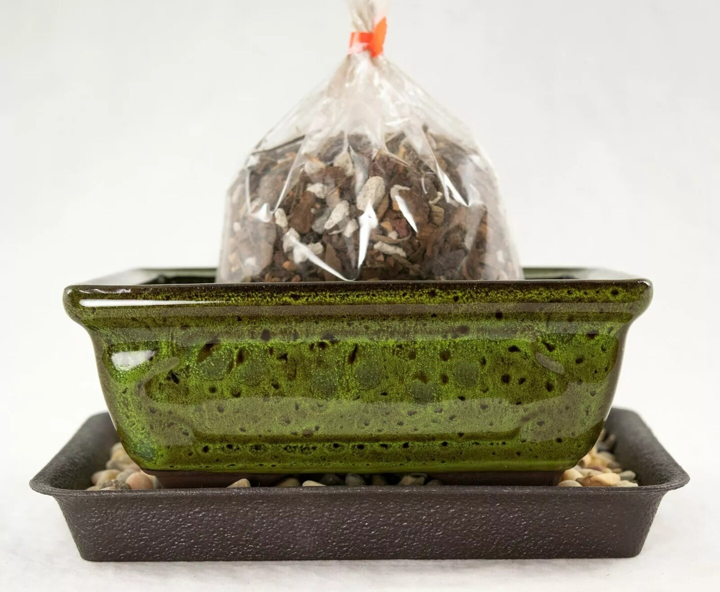 6&#x22; Rectangular Moss Green Shohin Bonsai Pot + Soil + Tray + Rock + Mesh Kit