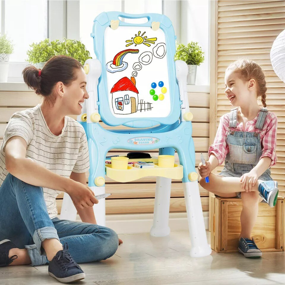 Kids Gift Double Sided Art Creative Easel Adjustable Height w/Accessories Blue