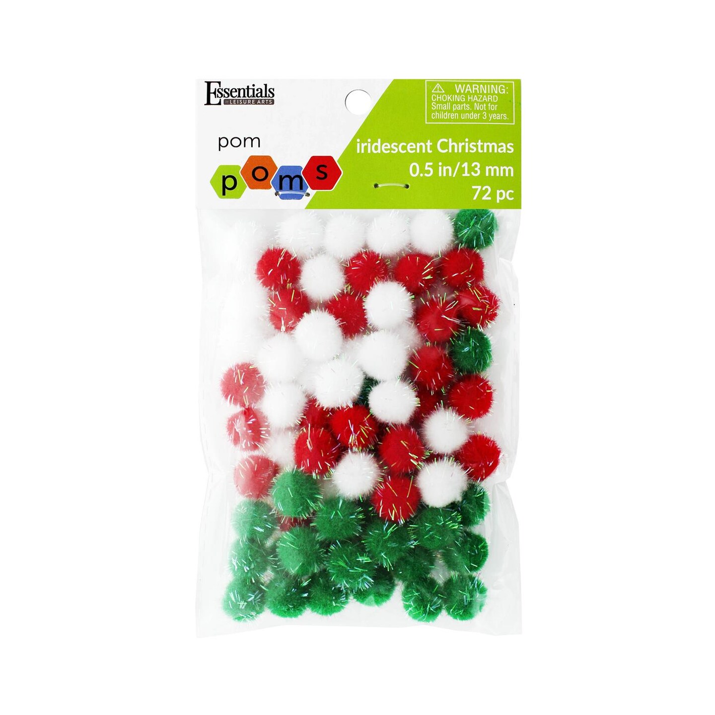 Essentials By Leisure Arts Pom Poms, Iridescent Christmas -1/2&#x22;, 72 Pieces Per Pack