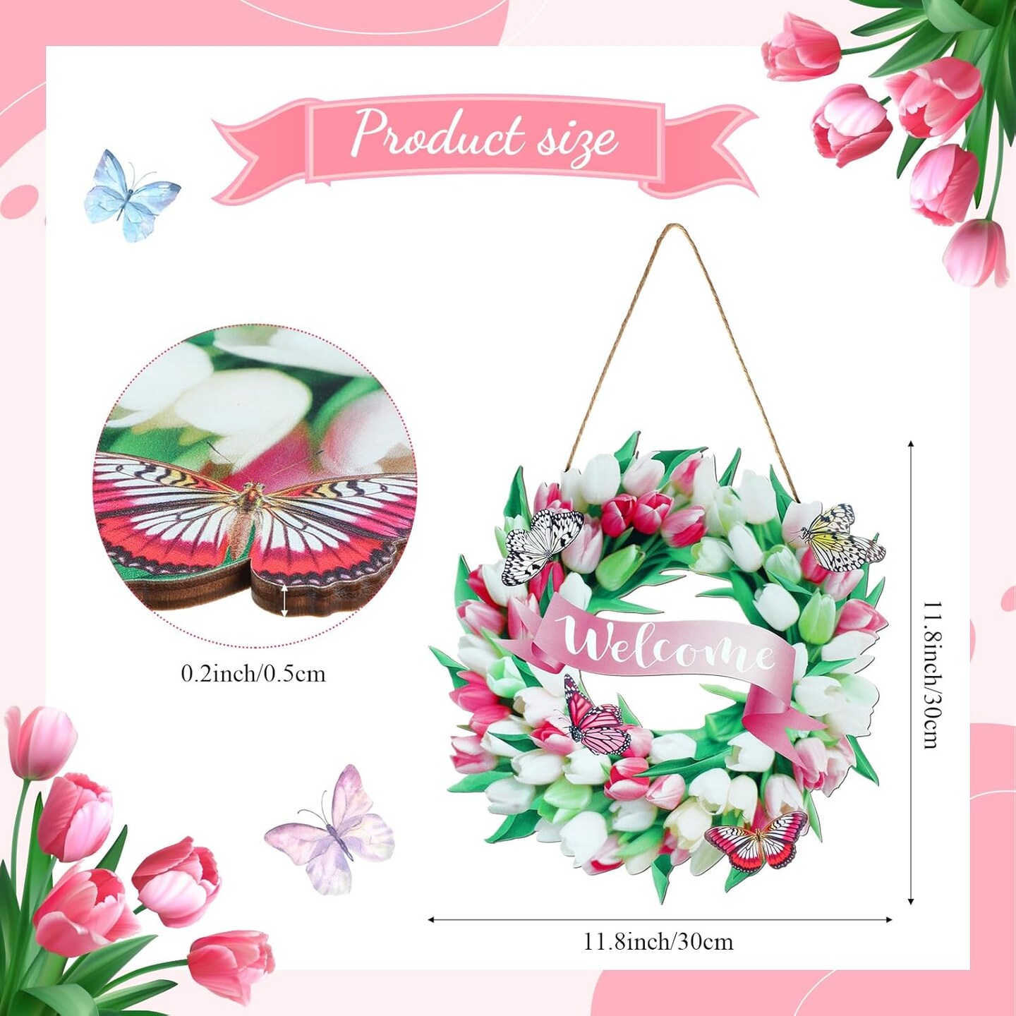 Spring Door Sign Tulips Wreath Summer Decoration 11.8" Welcome Sign Spring Flower Butterfly Wreath Wooden Front Door Hanger Home Wall Decor Farmhouse Indoor Outdoor