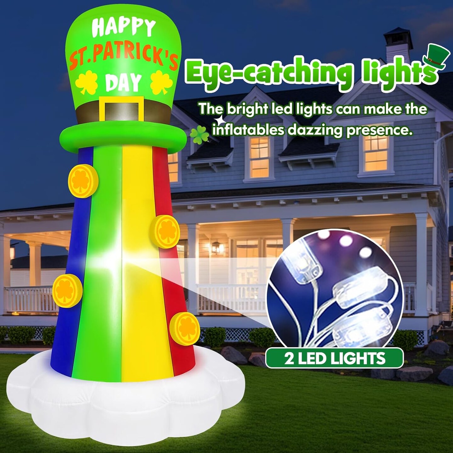 6FT St. Patrick's Day Inflatable Outdoor Decorations Blow Up Rainbow with Hat Yard Decorations Built-in LED Light Inflatable St Patricks Shamrock for Garden, Lawn, Holiday, Party Decor