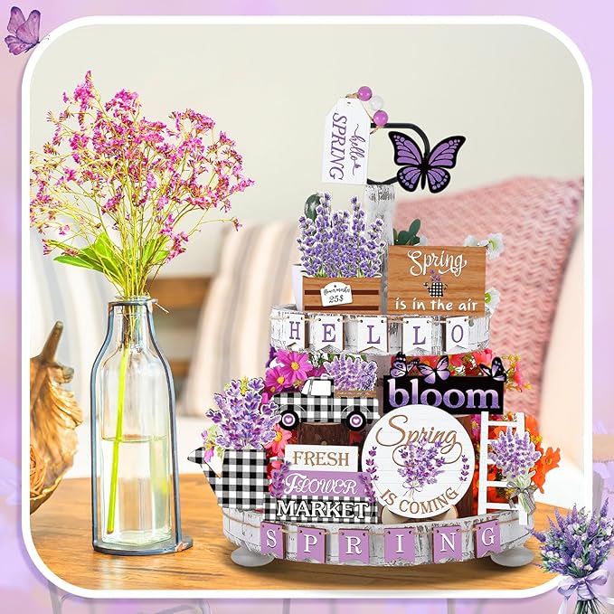 23-piece “Hello Spring” tiered tray décor set featuring purple butterflies, lavender flowers, and gnome-themed wooden signs—perfect for farmhouse kitchen tables, rustic home décor, and spring holiday displays.