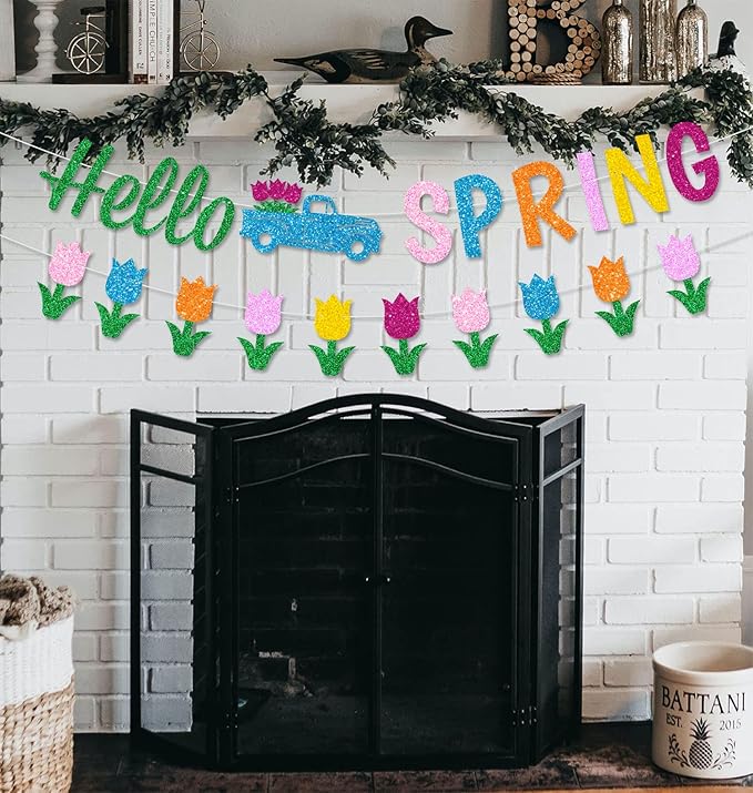 Glitter Hello Spring Banner with Tulip Truck Signs and Colorful Glittery Tulips Banner Hello Spring Tulips Flowers Garland Banner Spring Easter Birthday Party Fireplace Mantle Decorations