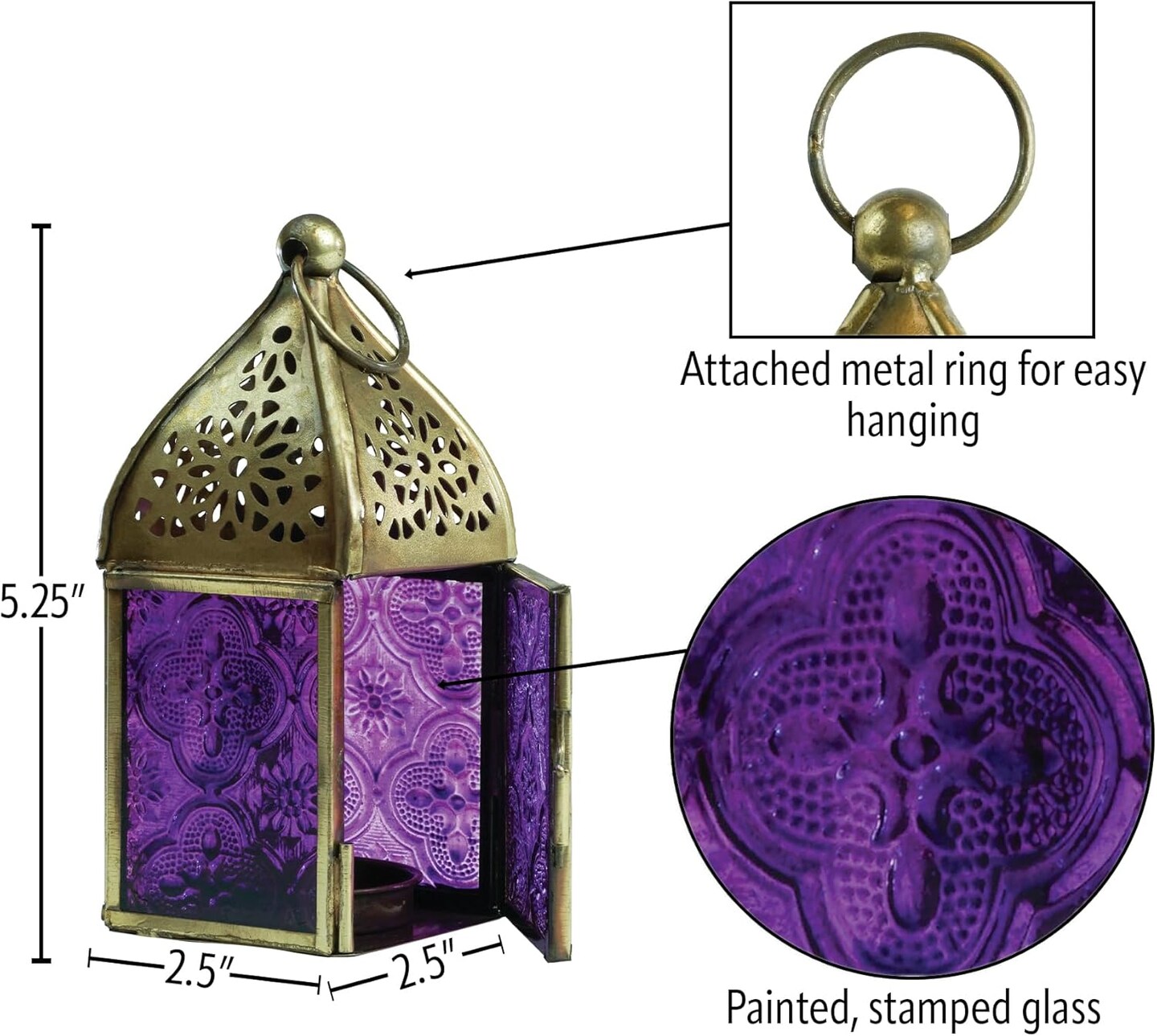 In the Breeze 9203 &#x2014; Purple Mini Square Tealight Lantern &#x2014; Moroccan-Style Boho Chic Tealight Glass and Metal Tabletop Lantern