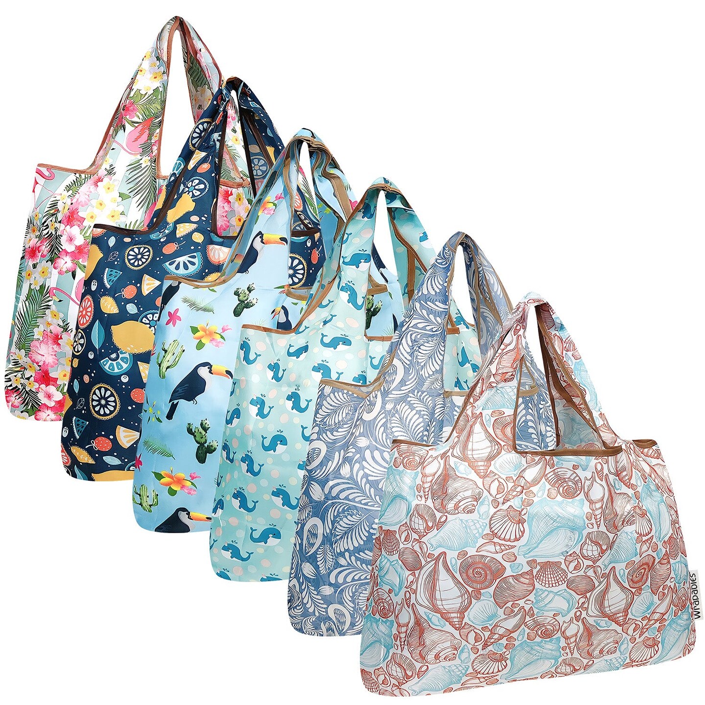 Wrapables Large Foldable Tote Nylon Reusable Grocery Bags, 6 Pack, Travel Adventures
