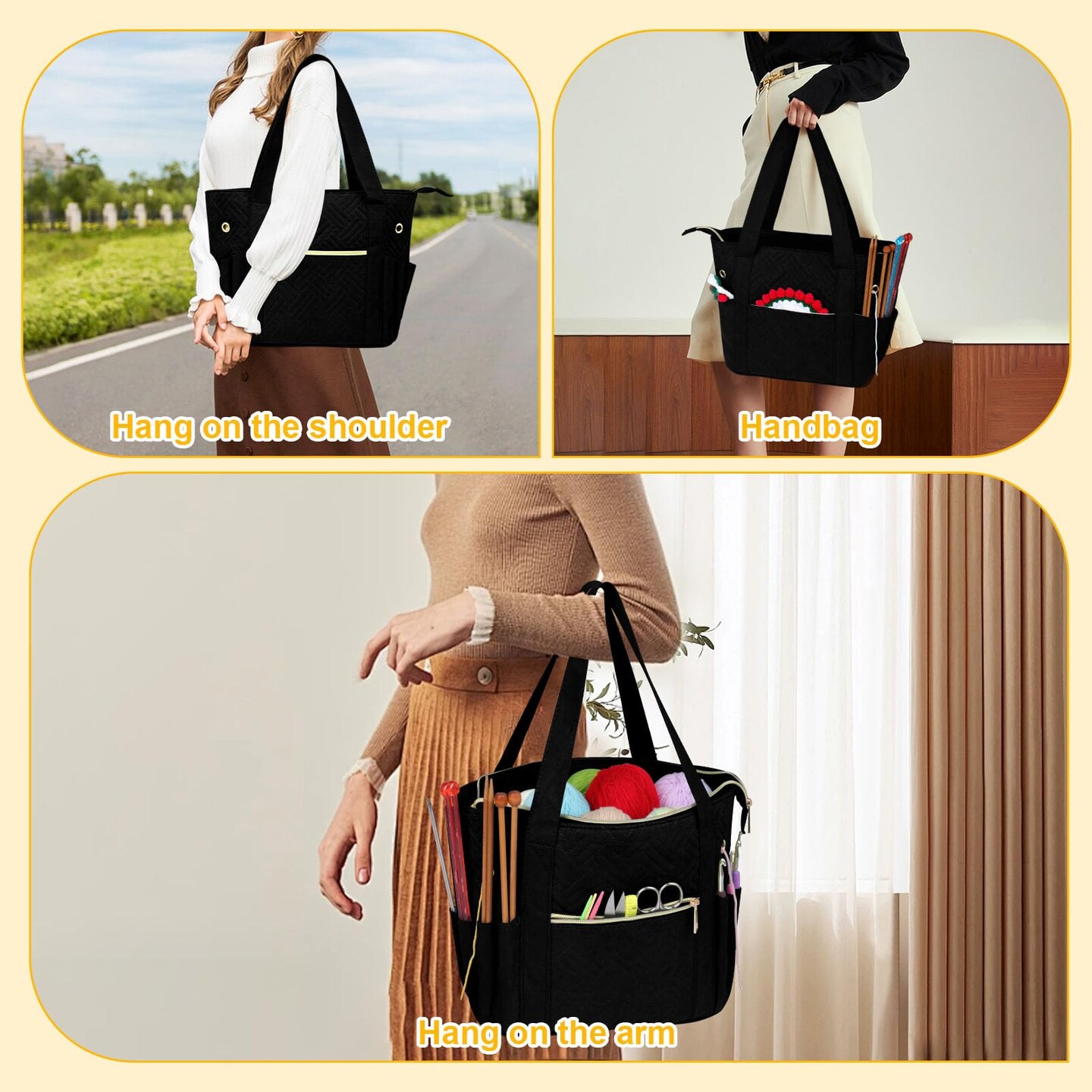 Crochet Bag Organizer for Yarn Storage, Velvet Knitting Tote Bag with Double Handle for Crochet Accessories, Portable Travel Case for Yarn Balls, Crochet Hooks&#x26; Knitting Needles Holder (Black)