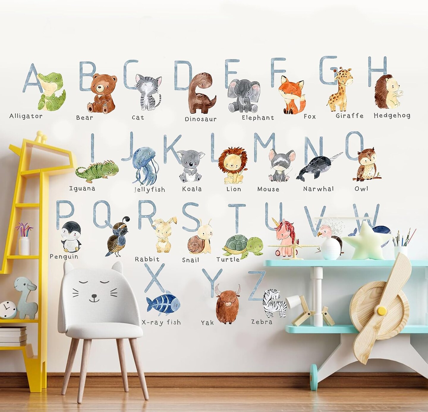 26Pcs Animal Alphabet Wall Decals, Jungle Theme ABC Peel-and-Stick Stickers with Stars, Educational Nursery Wall Art for Toddlers, Playroom & Classroom Decor