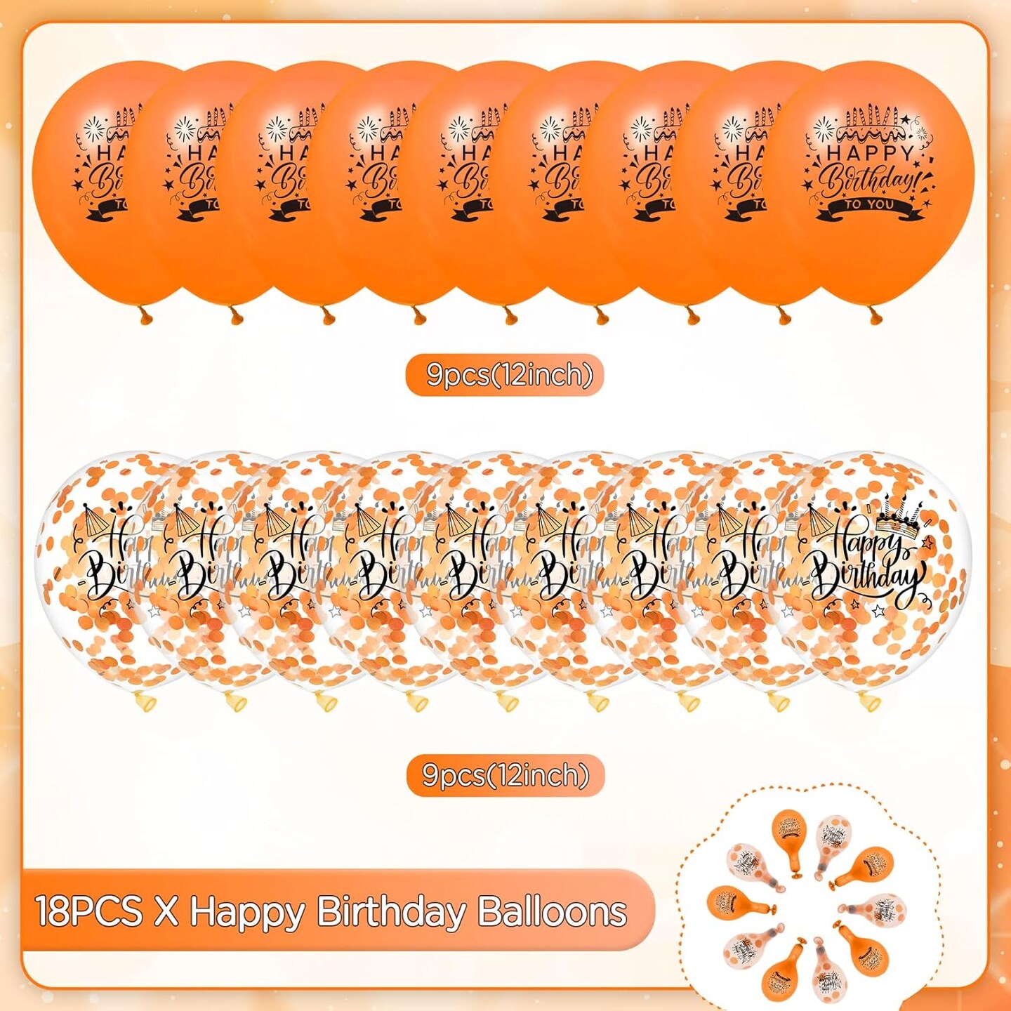 18Pcs - Orange Happy Birthday Balloons,Birthday Latex Confetti Balloons