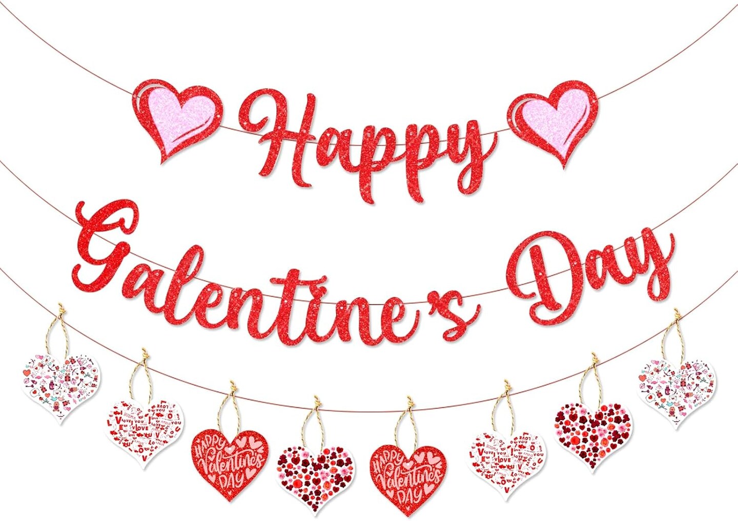 Happy Galentines Day Banner Red Glittery Paper Decorations Felt Garland Heart Photo Props for Home Party Decor