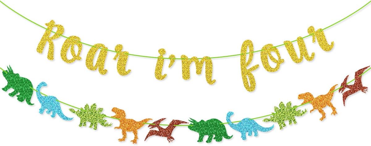 Roar I'm Four Banner Dinosaur Garland for Kids' 4th Dinosaur Birthday